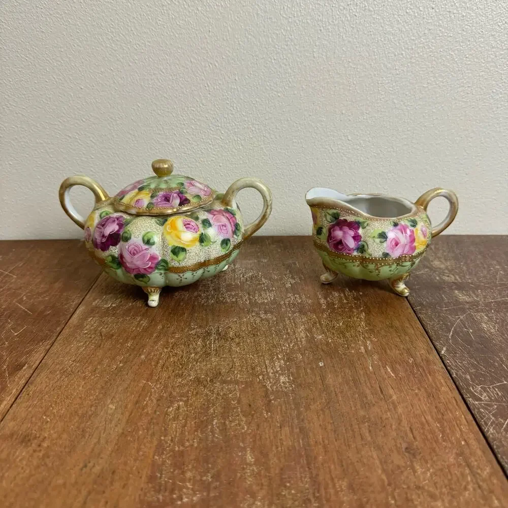Vintage Antique Japanese Nippon Porcelain‎ Cream & Sugar Tea Set Floral Gilt